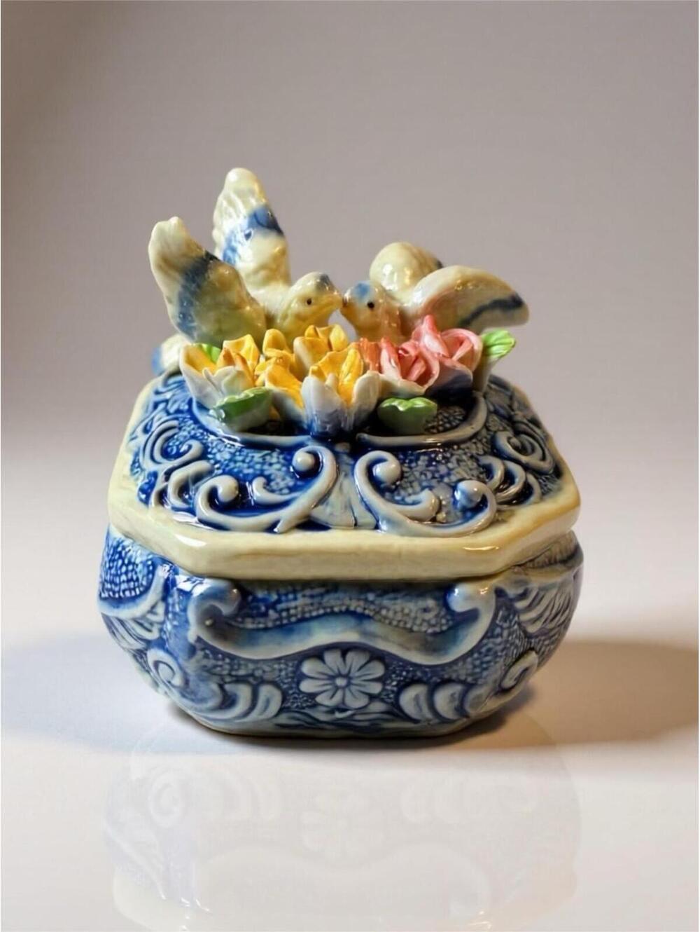 Vintage Blue Ceramic Trinket Box with Lovebirds and Flowers